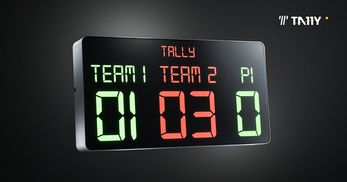The Tally Scoreboard, a portable, digital scoreboard for pickleball, tennis and paddle.
