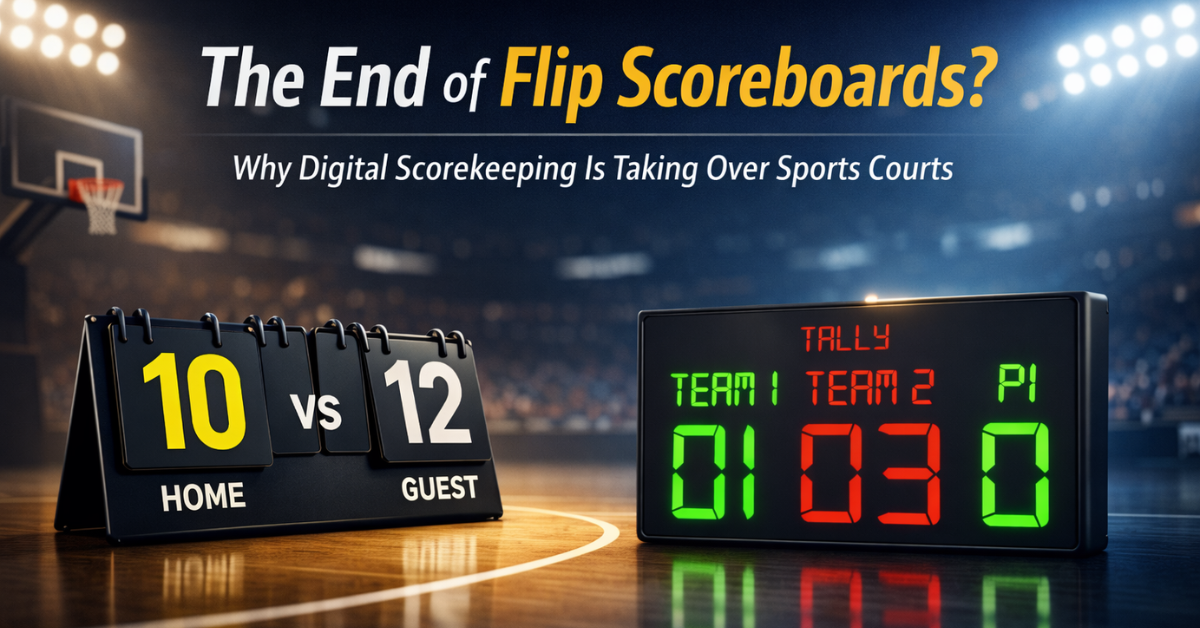 Digital scoreboard replacing traditional flip scoreboard on sports courts