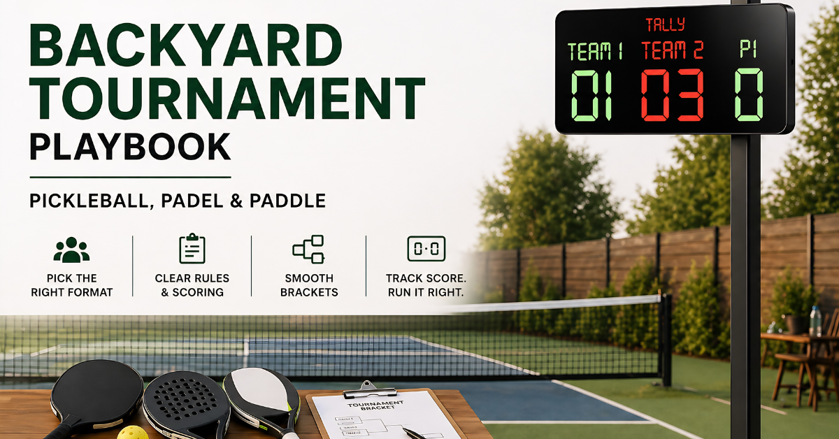 A clean backyard setup showing how to organize and track a pickleball tournament effectively