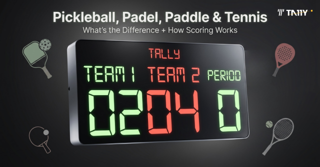 Digital scoreboard with pickleball, padel, paddle, and tennis equipment illustrating scoring differences between racket sports
