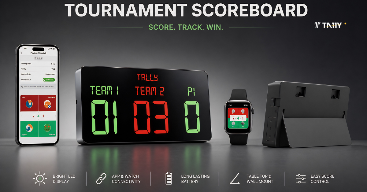 A clean, connected scoreboard system designed for real-time match tracking across devices, apps, and wearable interfaces