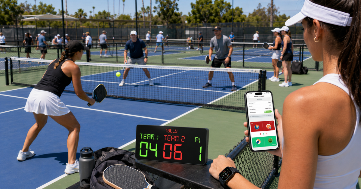 Digital pickleball scoreboard used during outdoor doubles match