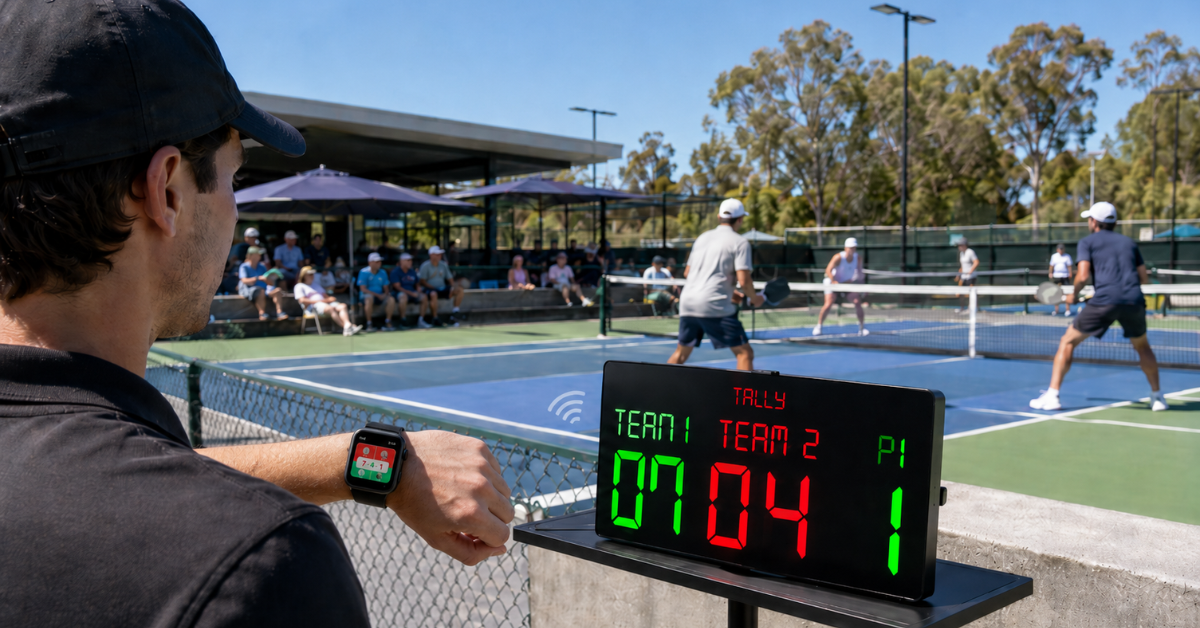 Tournament organizer using a smartphone to control a connected digital sports scoreboard