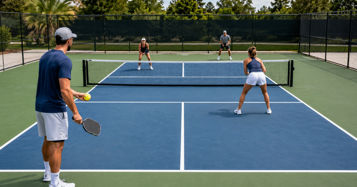 Pickleball server preparing to serve in doubles game