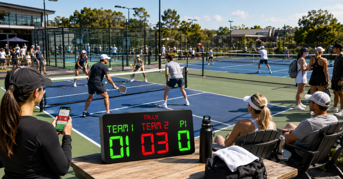 Tournament director using a smartphone with a digital Tally scoreboard