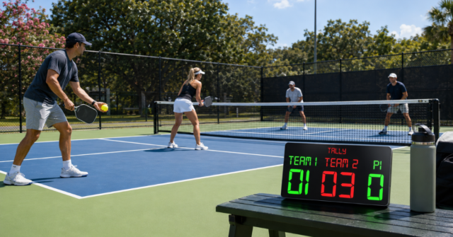 Pickleball doubles game with Tally digital scoreboard before serve