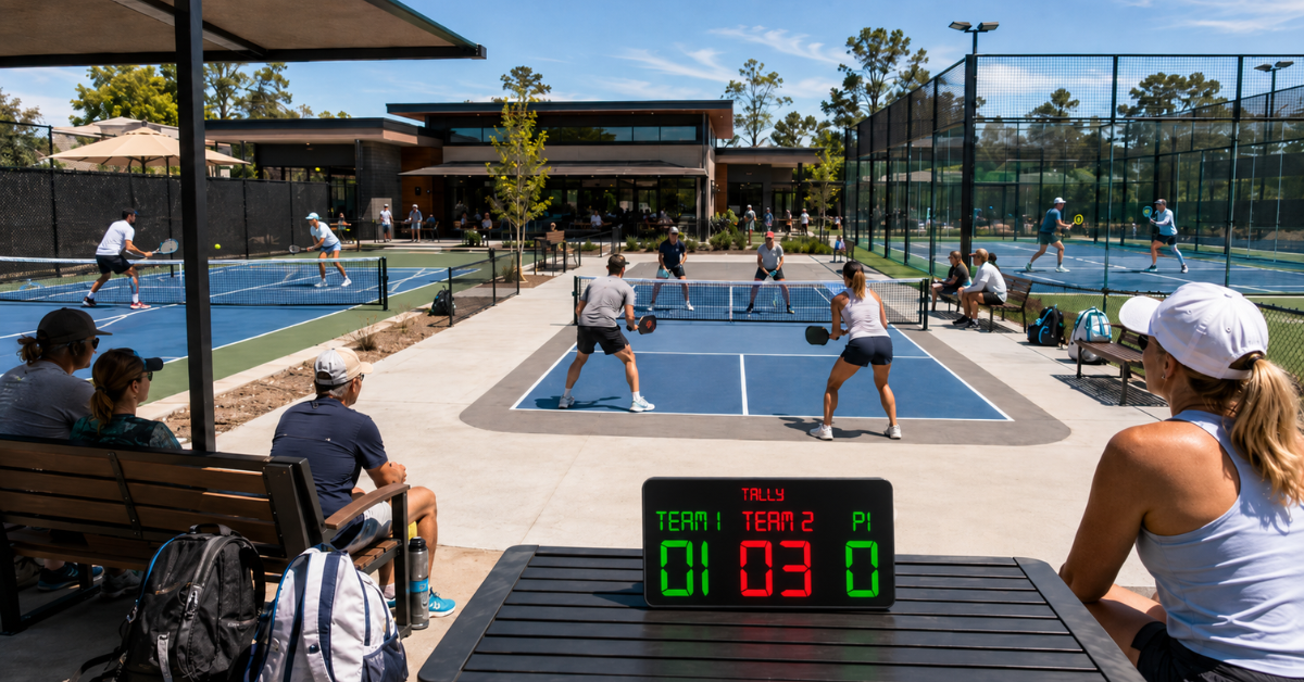 Portable Tally digital scoreboard at a multi-sport racquet and paddle sports facility