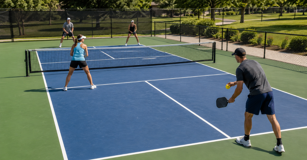 Doubles pickleball server rotation setup on outdoor court