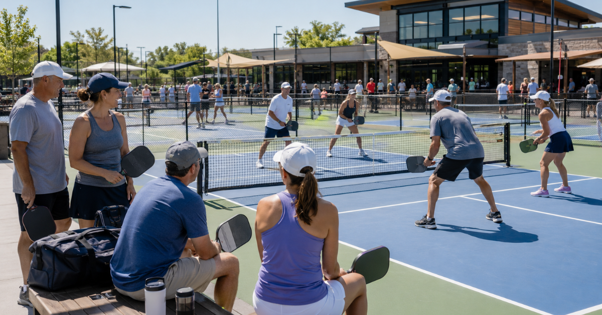 Players and spectators socializing at a modern racquet sports complex