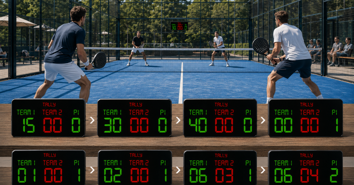 Phone-controlled Tally scoreboard during a padel match