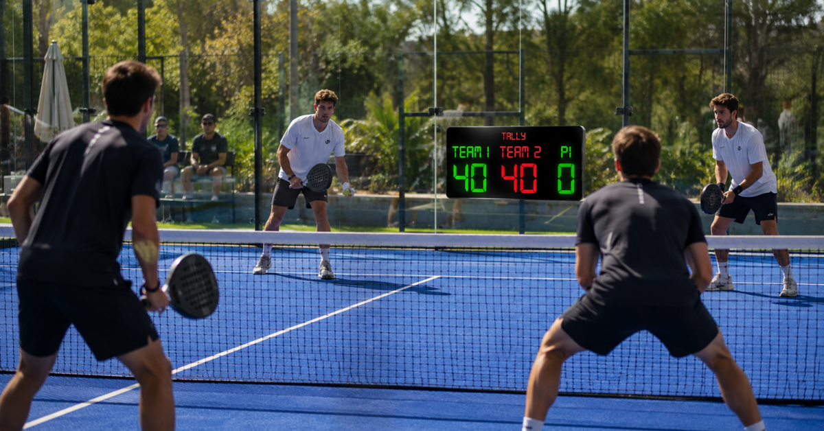 Padel doubles match at deuce with Tally scoreboard