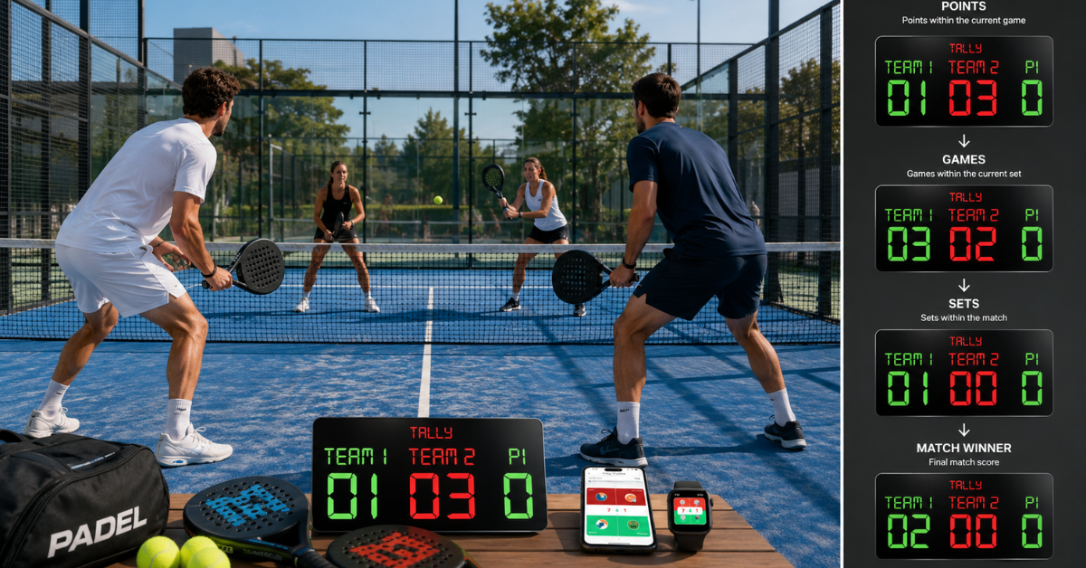 Tally scoreboard showing padel scoring progression beside the court